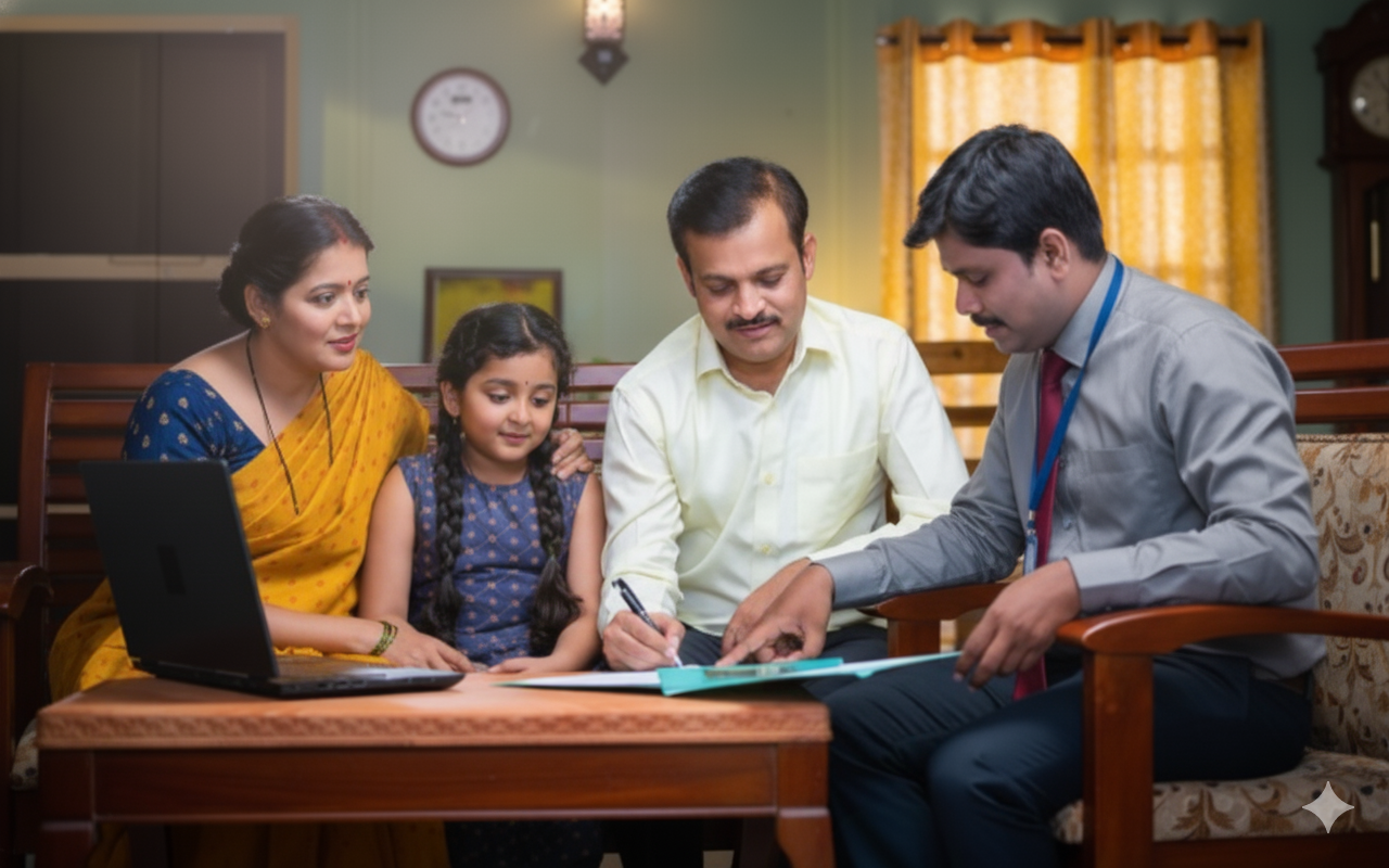 Indian family with new home keys and loan documents, professional photography, warm lighting